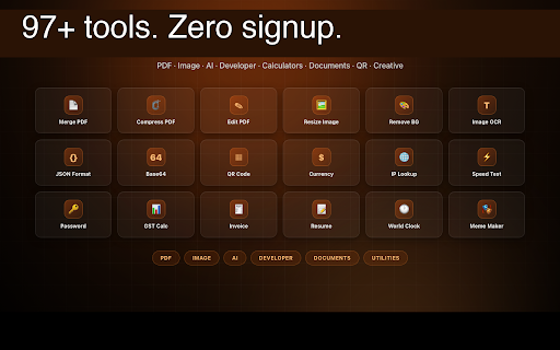Toolkiya Browser Tools :: Quick access to browser tools — PDF, image, QR code, AI tools, developer utilities, IP checker and speed test. No signup needed.