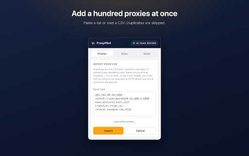 Proxy Switcher & Manager – ProxyPilot :: Proxy switcher for Chrome with HTTP, HTTPS, SOCKS4 & SOCKS5, one-click switching, per-site rules, bulk import and proxy testing.
