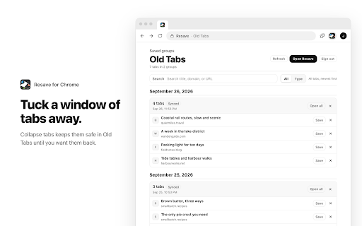 Resave :: Save the current page or a copied link to Resave, or collapse the current window into private Old Tabs.