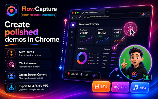 FlowCapture - Screen Recorder + Green Screen :: Smooth scrolling screen recorder with green-screen webcam. Record demos and export MP4, GIF, or MP3 — 100% on-device.