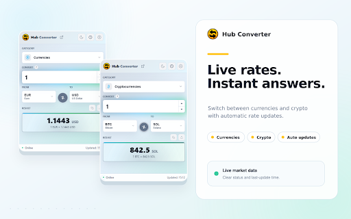 Hub Converter :: Convertissez unités, devises et cryptomonnaies instantanément, avec détection intelligente sur les pages web.