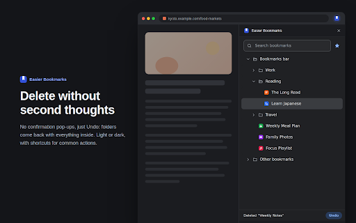 Easier Bookmarks :: Bookmarks in Chrome's side panel and address bar (type b + space). One-click save to the right folder. Sends nothing anywhere.
