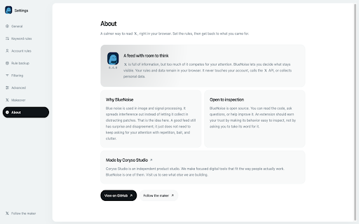 BlueNoise - Make X readable again :: Make X readable: locally blur or hide noisy replies, timeline posts, and ads; optional page cleanups; no cookies or account changes.
