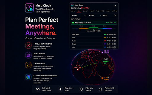 Multi Clock – World Time Zones & Meeting Planner :: Multiple time zones on a live world clock, plus a meeting-overlap finder, working hours, tab groups and focus mode. Offline.