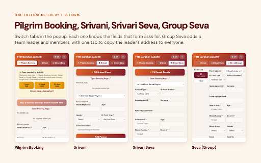 TTD Darshan Autofill :: Save your devotee details once, then autofill TTD's darshan booking forms in one click. No re-typing every time.