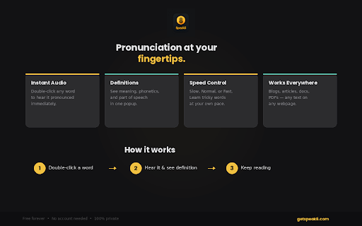 Speakli — Tap Any Word to Hear It :: Double-click any word on any webpage to instantly hear its pronunciation and definition. No tabs, no copy-paste, no interruptions.