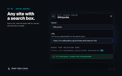 Simple = Select + Search :: Select text, right-click, search — on the engines you choose. Group them, switch sets, or fire them all at once.