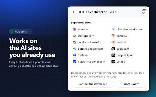 RTL Text Director - Arabic, Hebrew, Persian & Urdu Text Direction :: Right-to-left text for Arabic, Hebrew, Persian and Urdu. Works on ChatGPT, Claude, Gemini and any website.