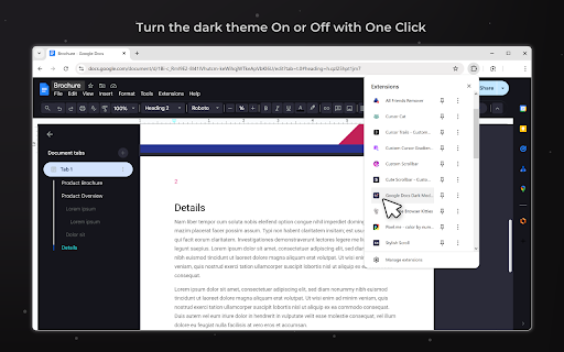Google Docs Dark Mode 2025 :: Turns Google Docs dark without changing your file. Made in hours so my eyes stop bleeding from bright docs
