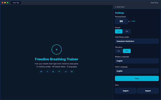 Freedive Breathing Trainer :: Freediving breath-hold trainer with CO₂/O₂ tables, relaxation breathing, and hold test. 6 languages supported.