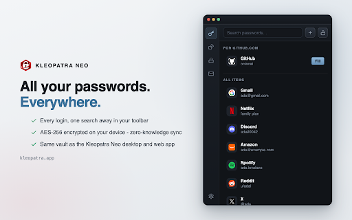 Kleopatra Neo - Secure Email, Passwords & PGP :: Encrypt & decrypt with PGP. Auto email aliases. Zero-knowledge password manager with autofill, AES-256 on your device.