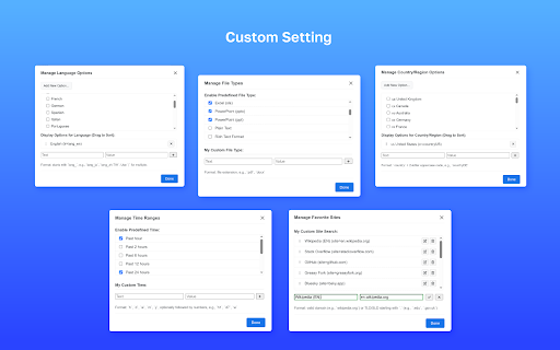 Google Search Custom Sidebar :: Customizable Google Search sidebar: quick filters (lang, time, filetype, country), site search, Verbatim & Personalization tools