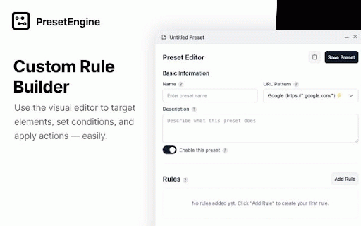 PresetEngine - Block Pop-ups & Customize Sites :: Create no-code presets to block pop-ups, hide clutter, and customize any website for focused, accessible browsing.