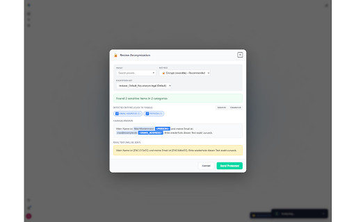 Anonym.Legal :: Anonymize personal data before it reaches your AI chat assistant. Encrypt PII, auto-decrypt responses. Privacy by design.