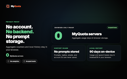 MyQuota — AI Usage Tracker & Cost Monitor for ChatGPT, Claude & Gemini :: See AI limits before they stop work: usage, reset times & spend across Claude, ChatGPT, Gemini & more. Free, private. No account.