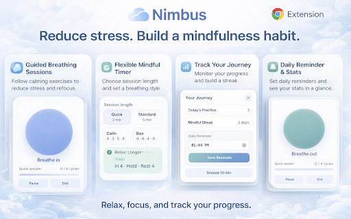Nimbus Breathing & Focus :: Guided breathing exercises to reduce stress, improve focus, and build a daily mindfulness habit with reminders and streak tracking.