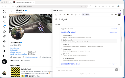 Sent2X for X :: X scheduler + AI replies on desktop. Find posts worth replying to, draft in X's own box. Free: 10 posts/mo.
