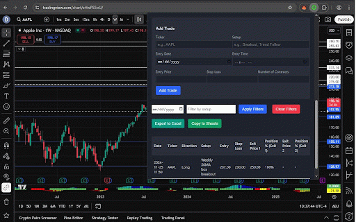 Trading and Backtesting Assistant :: Log and track your TradingView backtests with automatic CSV export and candle timer