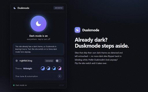 Duskmode – Dark Mode :: Reliable dark mode for Google Docs, Sheets, Slides, Drive, Gmail, and any website. Easy on the eyes, day or night.