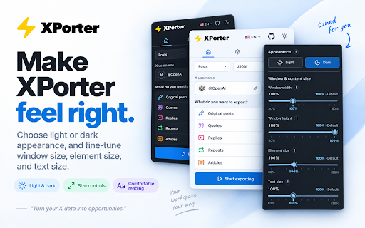 XPorter — Free X/Twitter Export: Posts, Followers · CSV/JSON/XLSX :: Export X posts, bookmarks, and account lists to CSV, JSON, XLSX, or TXT. Free. Files are created in your browser.