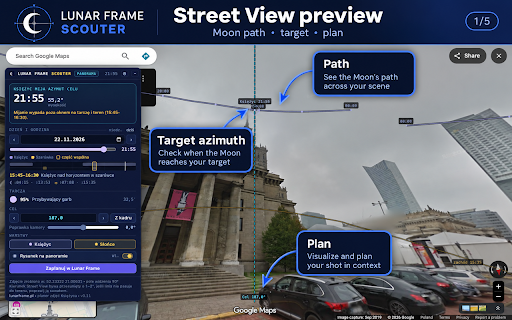 Lunar Frame Scouter – Moon & Sun shot planner :: The Moon and Sun path on Google maps and panoramas. Judge an unfamiliar spot before you drive out.