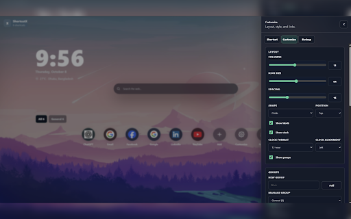 ShortcutX :: A customizable New Tab shortcut launcher with quick links, favicons, themes, layout controls, groups, and backups.