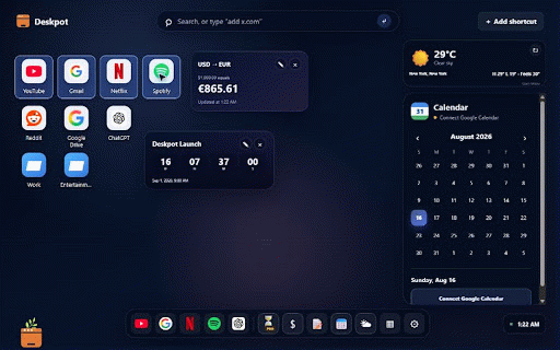 Deskpot - Custom New Tab & Speed Dial :: A customizable Chrome new tab speed dial with shortcuts, folders, widgets, calendar, notes, weather, and wallpapers.