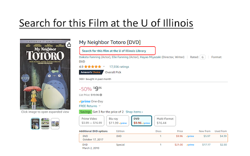 U of Illinois Library Amazon Browser :: On Amazon, this extension displays books available in the U of Illinois, I-Share, Champaign Public Libraries, and WorldCat.