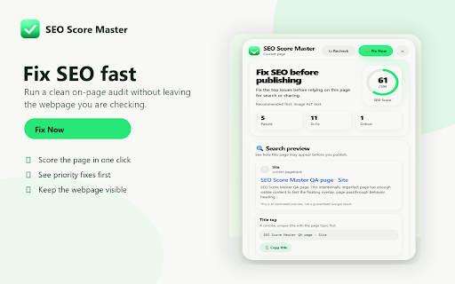 SEO Score Master :: ✅ Audit any page in one click. Get SEO score, search preview, page highlights, and copy-ready fixes without leaving the page.