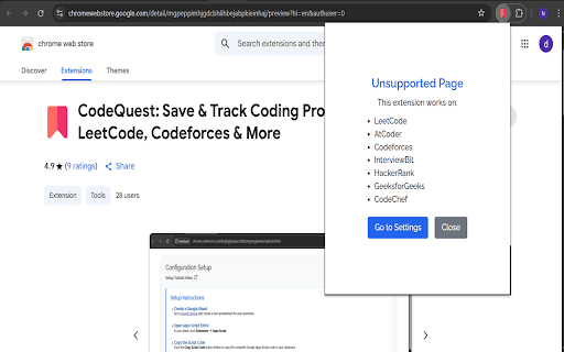 CodeQuest: Save & Track Coding Problems — LeetCode, Codeforces & More :: One-click save for coding problems → auto-fill title, URL, difficulty & tags into your Google Sheet.