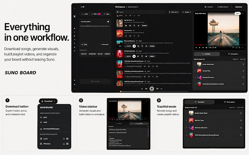 Suno Board: Suno Downloader & Video Maker :: Suno Board is a Chrome extension for Suno creators to batch download songs, export lyrics, and make lyric videos and visualizers.