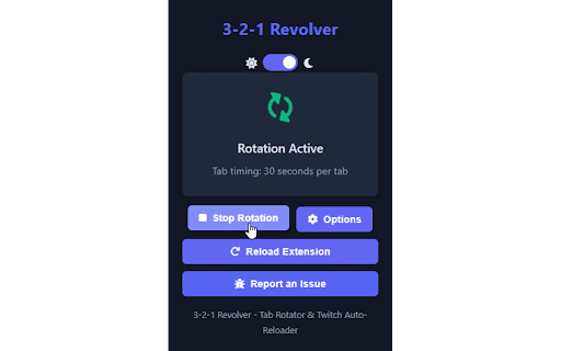 3-2-1 Revolver - Tab Rotator & Twitch Auto-Reloader :: Automatically rotate through open tabs and auto-refresh Twitch player on errors. (Right Click To Open Options & To Start Extension.)
