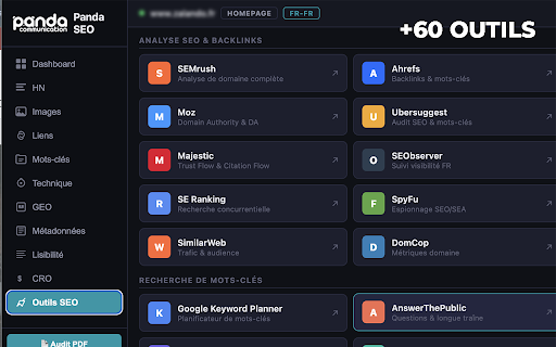 Panda SEO - Audit SEO & GEO :: Audit SEO, GEO & CRO en 1 clic. Scores, Hn, images, liens, mots-cles, lisibilite, operateurs Google et 80+ outils SEO.