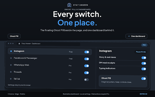 Stay Unseen: Hide Seen, Read Receipts & Downloader :: Control read receipts, typing indicators and story views on supported sites. Pro adds media downloads and focus tools.