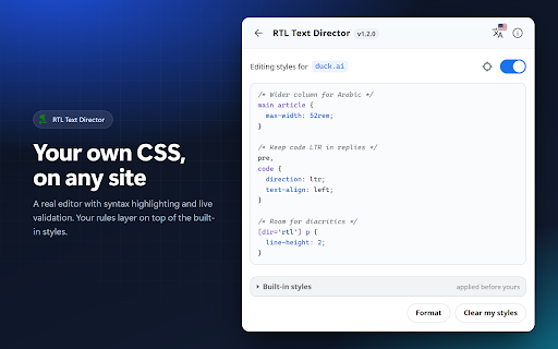 RTL Text Director - Arabic, Hebrew, Persian & Urdu Text Direction :: Right-to-left text for Arabic, Hebrew, Persian and Urdu. Works on ChatGPT, Claude, Gemini and any website.
