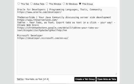 TabTex: Tabs, as Text! :: Export tabs, create tab groups. Extremely quick.