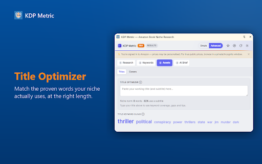 KDP Metric — Amazon Book Niche Research :: KDP book niche research: A–F niche grades, competition & BSR analysis, keyword & title tools — plus Pro Book Audit & on-device AI.