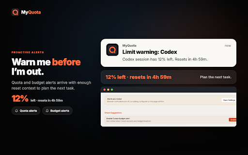 MyQuota — AI Usage Tracker & Cost Monitor for ChatGPT, Claude & Gemini :: See AI limits before they stop work: usage, reset times & spend across Claude, ChatGPT, Gemini & more. Free, private. No account.