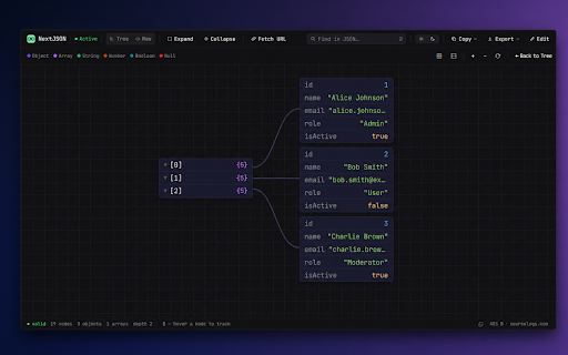 NextJSON - JSON Parser, Editor, and Formatter :: Format, edit, and explore JSON — tree view, graph visualization, JQ queries, diff, and URL fetch. Fully local, zero data sent.