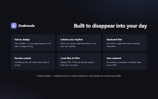 Duskmode – Dark Mode :: Reliable dark mode for Google Docs, Sheets, Slides, Drive, Gmail, and any website. Easy on the eyes, day or night.