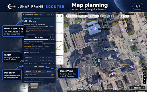 Lunar Frame Scouter – Moon & Sun shot planner :: The Moon and Sun path on Google maps and panoramas. Judge an unfamiliar spot before you drive out.