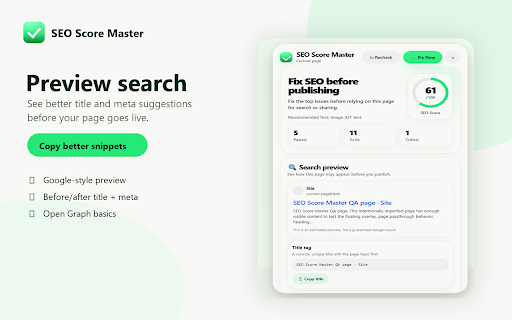 SEO Score Master :: ✅ Audit any page in one click. Get SEO score, search preview, page highlights, and copy-ready fixes without leaving the page.