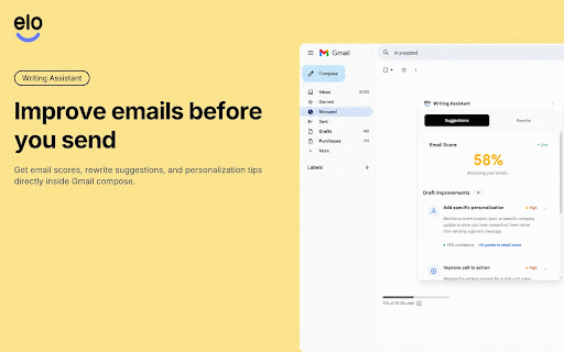 EloAI :: Sales intelligence in Gmail and on LinkedIn profiles: compose assistant, insights dashboard, and company/person context.