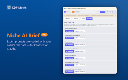 KDP Metric — Amazon Book Niche Research :: KDP book niche research: A–F niche grades, competition & BSR analysis, keyword & title tools — plus Pro Book Audit & on-device AI.