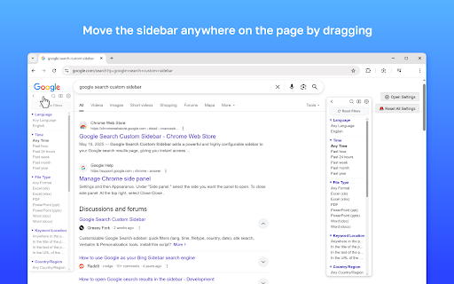 Google Search Custom Sidebar :: Customizable Google Search sidebar: quick filters (lang, time, filetype, country), site search, Verbatim & Personalization tools