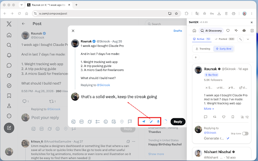 Sent2X for X :: X scheduler + AI replies on desktop. Find posts worth replying to, draft in X's own box. Free: 10 posts/mo.