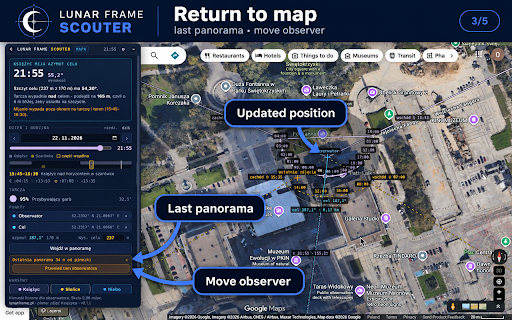 Lunar Frame Scouter – Moon & Sun shot planner :: The Moon and Sun path on Google maps and panoramas. Judge an unfamiliar spot before you drive out.