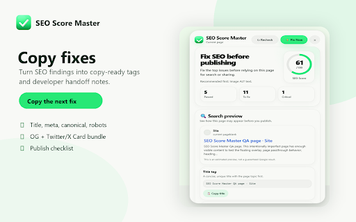 SEO Score Master :: ✅ Audit any page in one click. Get SEO score, search preview, page highlights, and copy-ready fixes without leaving the page.