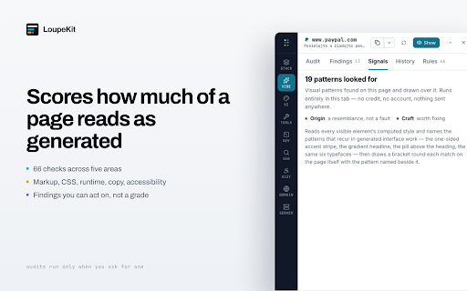 LoupeKit — Web Tech & AI Vibe-Code Inspector :: Inspect web tech stacks, extract design tokens, and audit AI vibe-coded sites with actionable refactoring guides.