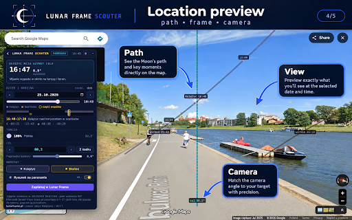 Lunar Frame Scouter – Moon & Sun shot planner :: The Moon and Sun path on Google maps and panoramas. Judge an unfamiliar spot before you drive out.